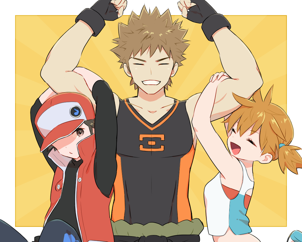 1girl, 2boys, arms_up, baseball_cap, black_gloves, black_hair, brock_(pokemon), brock_(sygna_suit)_(pokemon), brown_hair, closed_eyes, collarbone, commentary_request, eyelashes, fingerless_gloves, flexing, gloves, hair_tie, hanging, happy, hat, misty_(pokemon), multiple_boys, nintendo, official_alternate_costume, open_mouth, pants, pokemon, pokemon:_let's_go_pikachu!_and_let's_go_eevee!, pokemon_masters_ex, popela, red_(pokemon), red_(sygna_suit)_(pokemon), short_hair, spiked_hair, tank_top, teeth, tongue