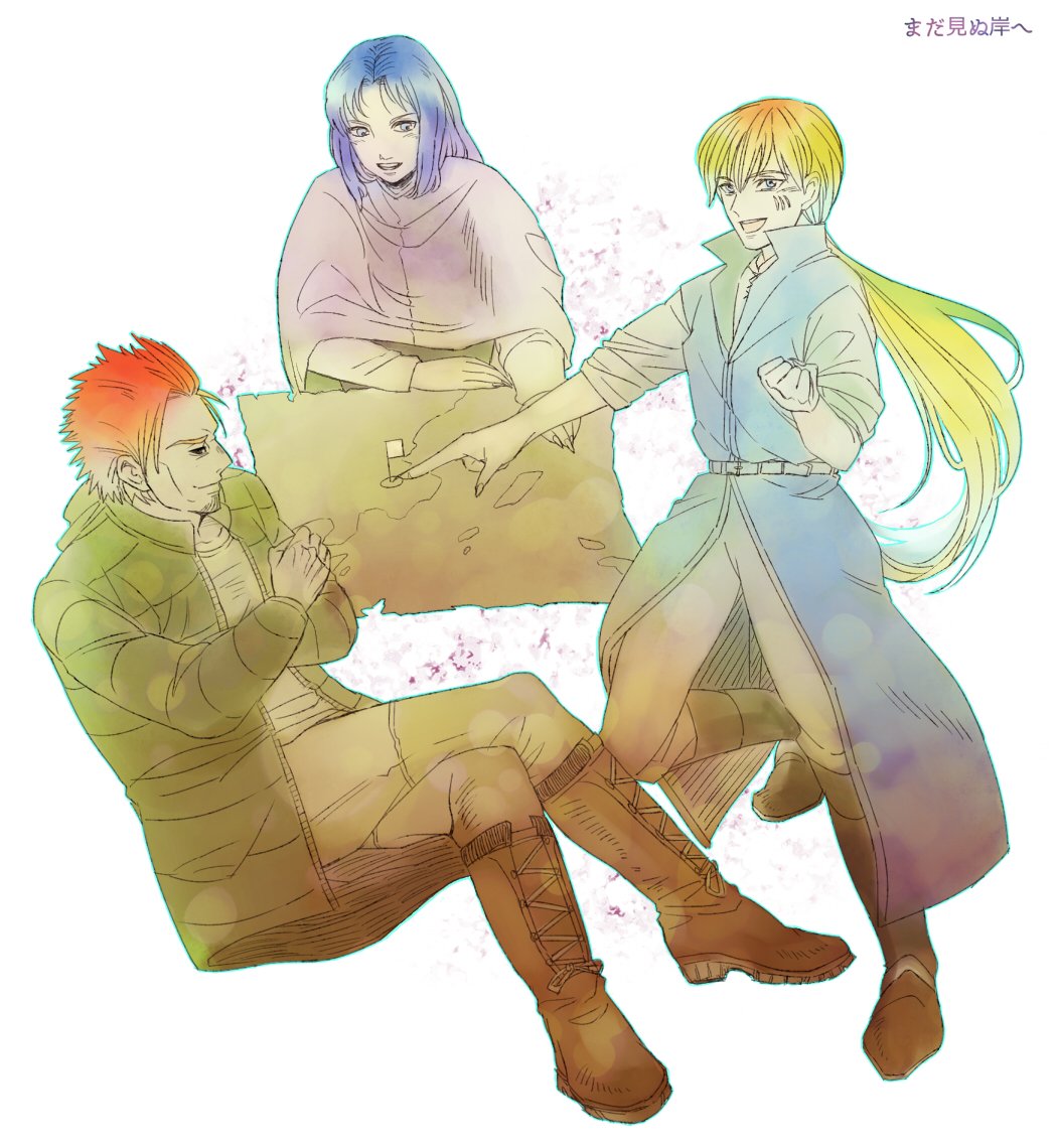 3boys, blonde_hair, blue_hair, boots, cape, colored_skin, crossed_arms, cyrus_(the_saga_of_darren_shan)
