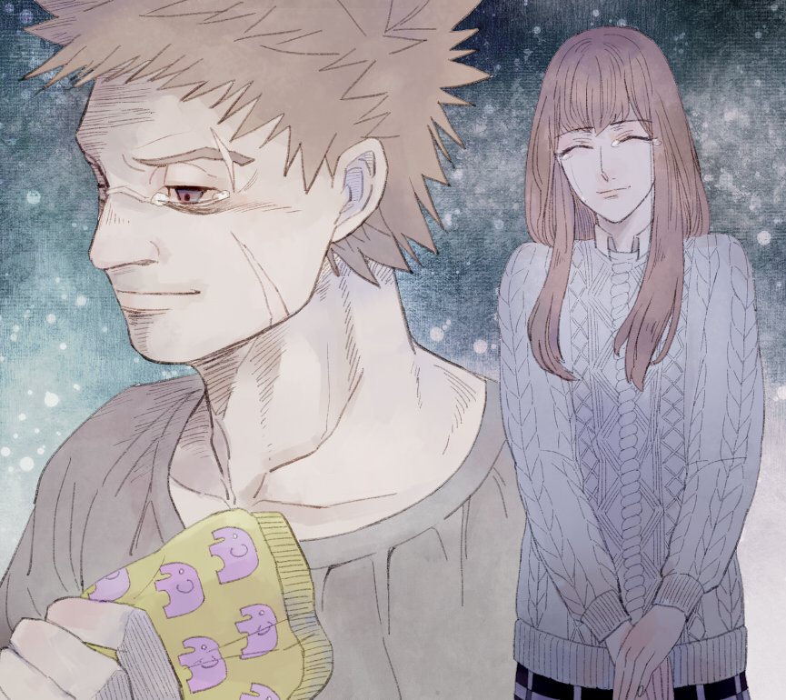 1boy, 1girl, brown_hair, closed_mouth, closed_eyes, gavner_purl, liz_carr, long_hair, scar, scar_on_face, short_hair, smile, sweater, tears, the_saga_of_darren_shan, underwear