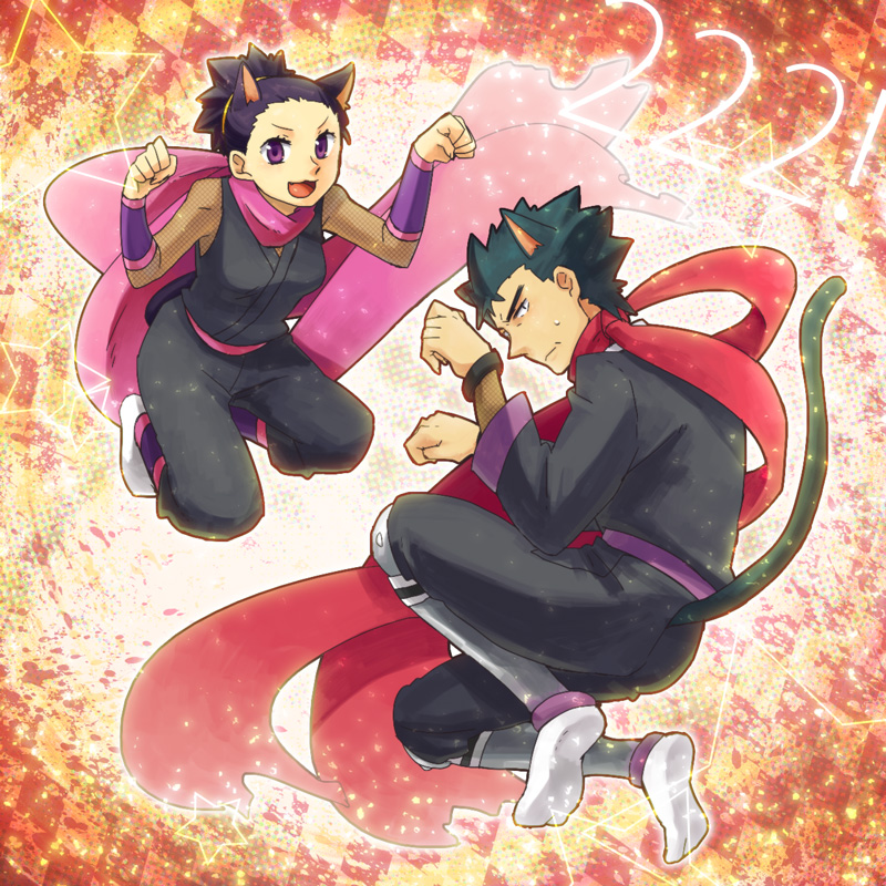 1boy, 1girl, animal_ears, black_hair, black_pants, cat_ears, cat_tail, clenched_hands, commentary_request, eyelashes, father_and_child, father_and_daughter, fishnets, janine_(pokemon), koga_(pokemon), long_scarf, looking_back, nemoppoi, nintendo, open_mouth, pants, parent_and_child, paw_pose, pink_scarf, pokemon, pokemon_heartgold_and_soulsilver, purple_eyes, scarf, sweatdrop, tail, tongue, vambraces