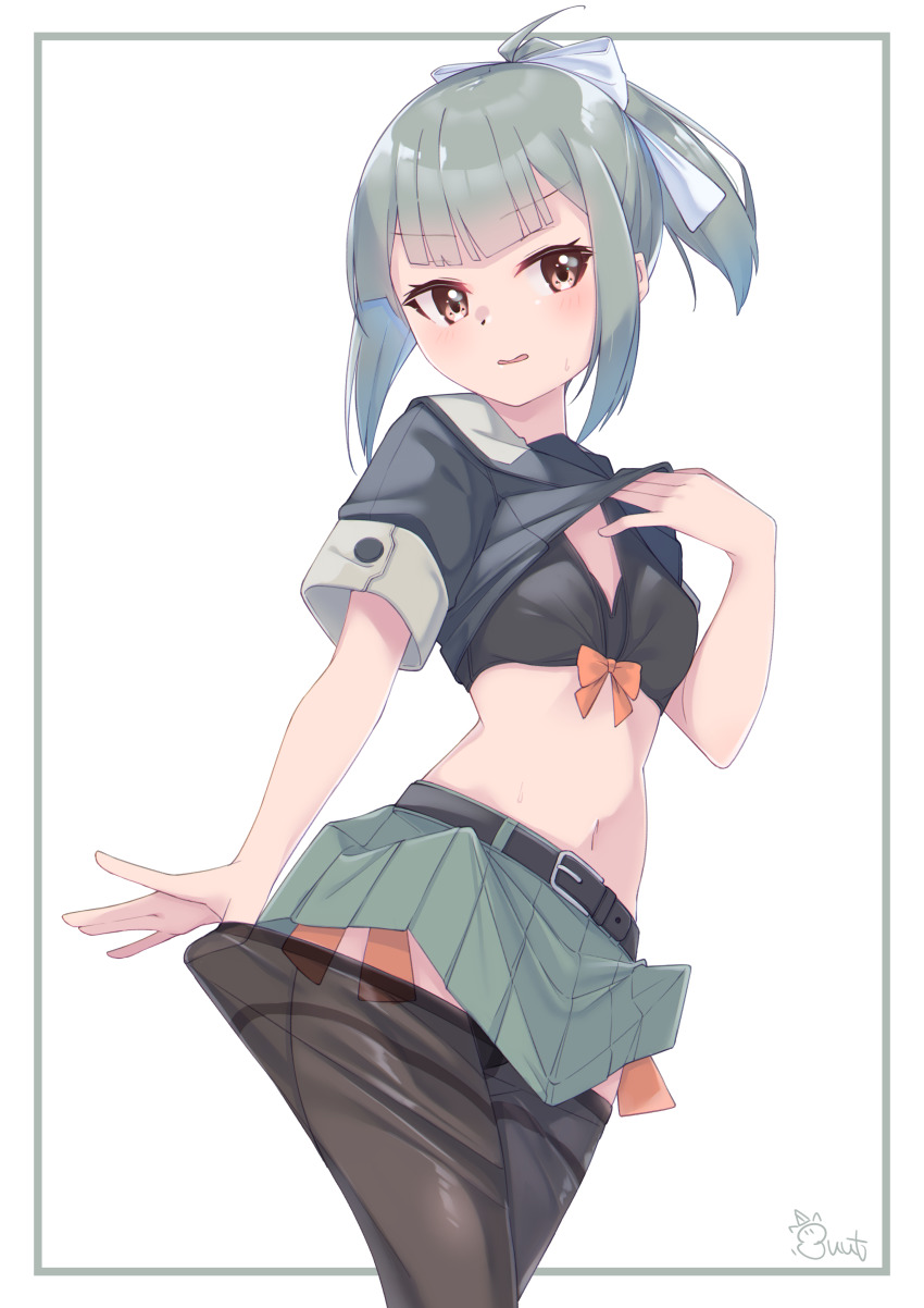 1girl, absurdres, beige_sailor_collar, belt, bikini, bikini_under_clothes, black_bikini, black_pantyhose, breasts, brown_eyes, clothes_lift, clothes_pull, commentary_request, cowboy_shot, green_hair, green_skirt, grey_shirt, highres, kantai_collection, lifting_own_clothes, looking_at_viewer, pantyhose, pantyhose_pull, pleated_skirt, ponytail, sailor_collar, school_uniform, serafuku, shirt, shirt_lift, signature, skirt, small_breasts, solo, swimsuit, swimsuit_under_clothes, thighband_pantyhose, uut, white_background, yuubari_(kancolle), yuubari_kai_ni_(kancolle), yuubari_kai_ni_(swimsuit)_(kancolle)