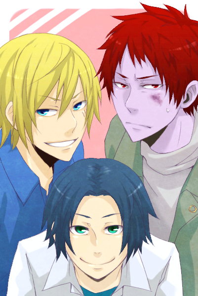 3boys, alternate_costume, birthmark, blonde_hair, blue_eyes, colored_skin, cyrus_(the_saga_of_darren_shan), facial_mark