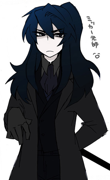 1boy, black_coat, black_eyes, black_hair, coat, formal_clothes, gloves, long_hair, male_focus, mika_ver_leth, necktie, open_clothes, open_coat, ponytail, solo, suit, the_saga_of_darren_shan, vest