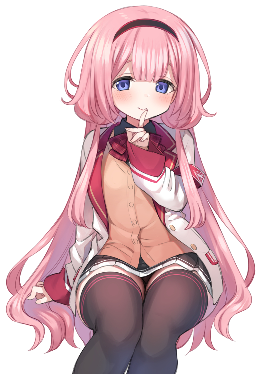 1girl, absurdres, black_thighhighs, blush, commentary_request, finger_to_mouth, headband, highres, jacket, long_hair, looking_at_viewer, mankai_kaika, nijisanji, panties, pantyshot, pink_hair, purple_eyes, simple_background, sitting, smile, solo, suo_sango, suo_sango_(1st_costume), thighhighs, underwear, virtual_youtuber, white_background
