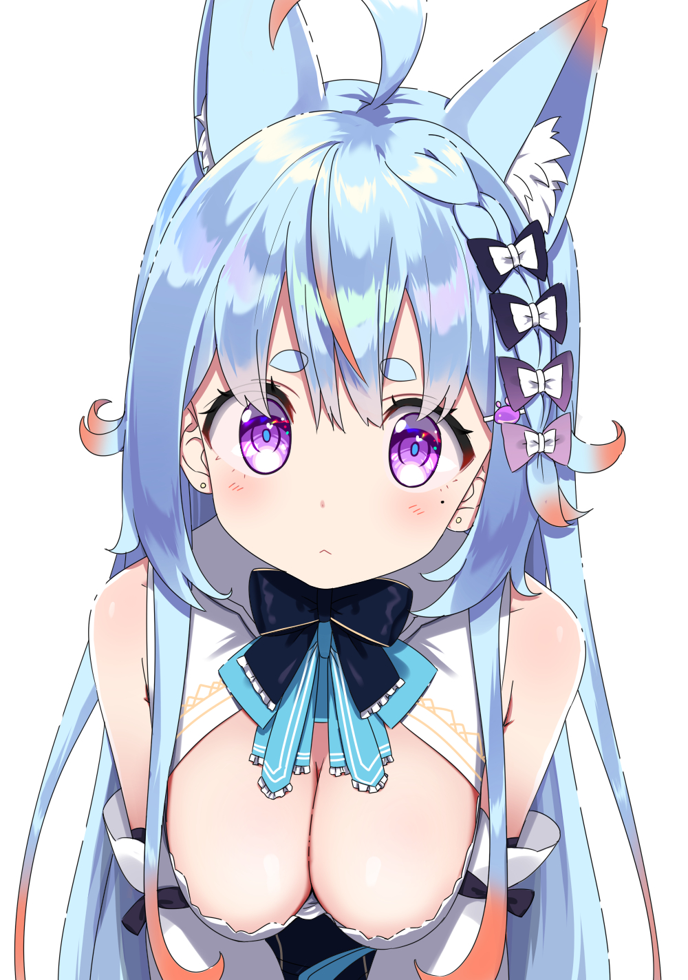 1girl, animal_ears, armpits, bell, blue_hair, bow, breasts, fox_ears