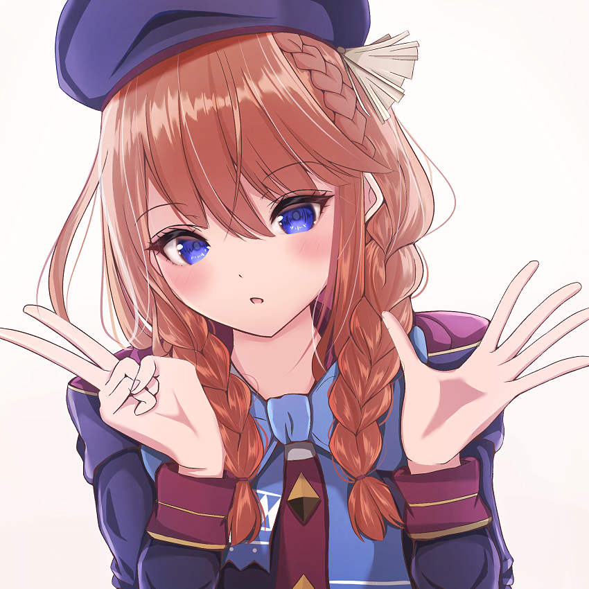 1girl, :o, bad_id, bad_pixiv_id, black_hat, blue_eyes, braid, brown_hair, hat, hood, hooded_coat, looking_down, open_hand, open_mouth, princess_connect!, shiina_melia, simple_background, solo, twin_braids, v, white_background, yuni_(princess_connect!)