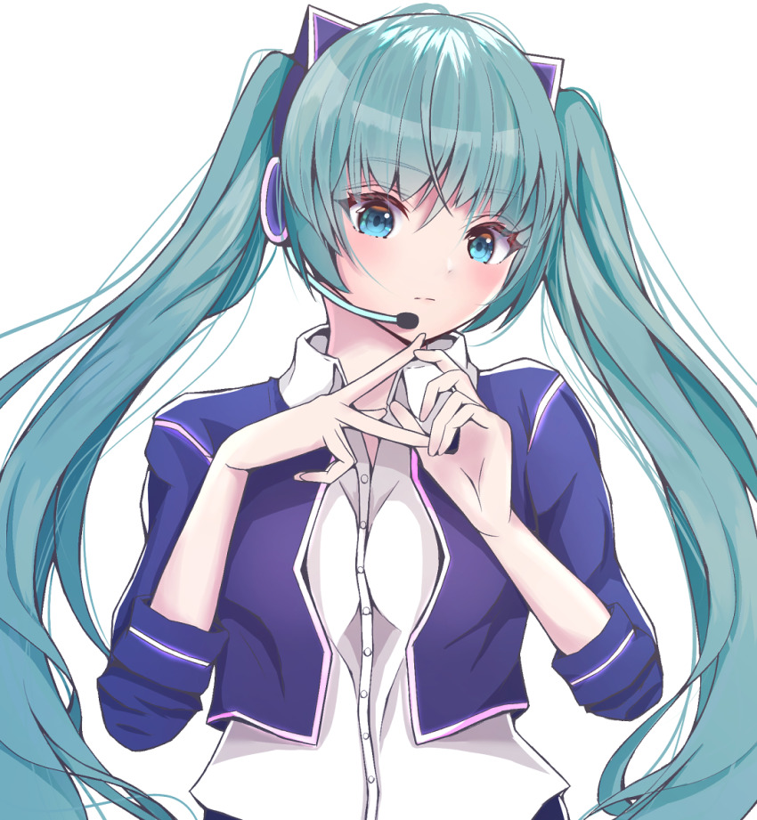 1girl, alternate_costume, bad_id, bad_pixiv_id, blue_eyes, blue_hair, hatsune_miku, headset, long_hair, looking_to_the_side, own_hands_together, shiina_melia, solo, twintails, vocaloid, white_background