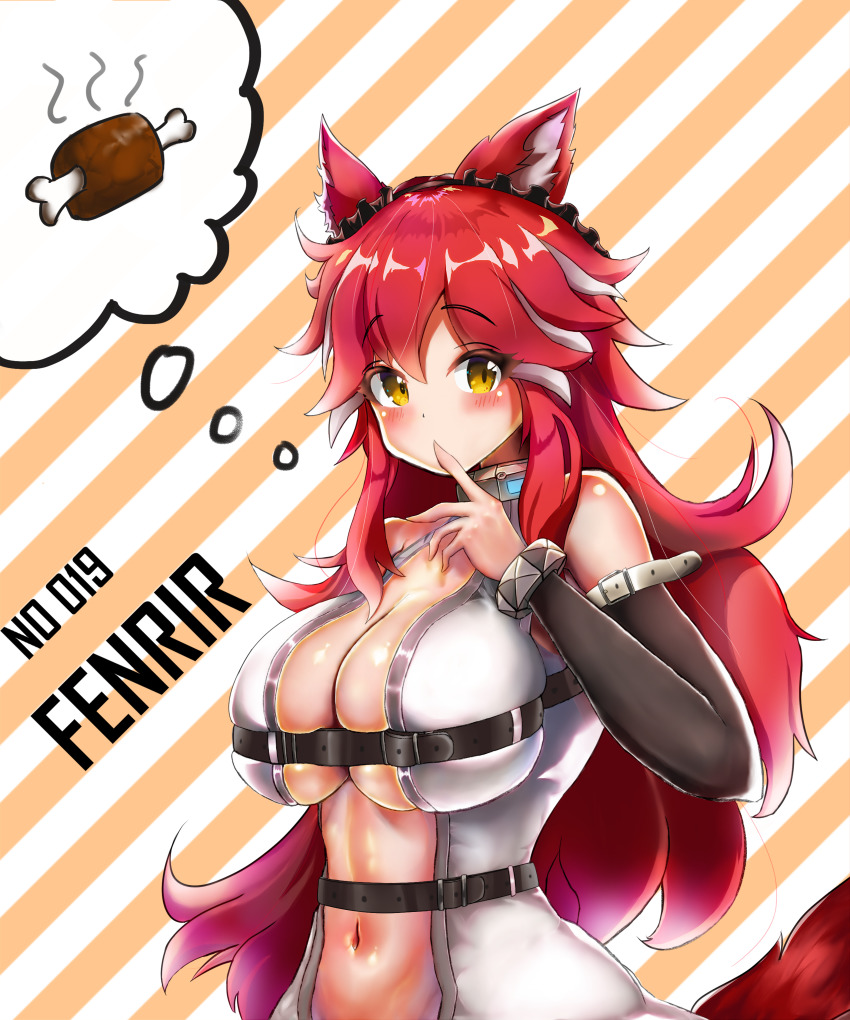 1girl, absurdres, animal_ears, blush, breasts, character_name, cleavage, closed_eyes, collar, fenrir_(last_origin), food, hair_between_eyes, highres, huge_filesize, large_breasts, last_origin, looking_at_viewer, meat, navel, rakkyo_(nebiusu30), red_hair, solo, speech_bubble, tail, thought_bubble, wolf_ears, wolf_girl, wolf_tail, yellow_eyes