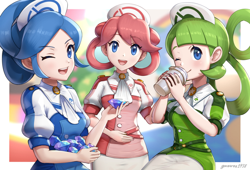 3girls, :d, ;), ;d, ascot, blue_eyes, blue_hair, blurry, blurry_background, breasts, buttons, commentary_request, cowboy_shot, cup, disposable_cup, employee_uniform, gem, gonzarez, green_hair, hair_bun, hair_rings, hat, highres, holding, holding_cup, holding_gem, long_hair, looking_at_viewer, medium_breasts, multiple_girls, nintendo, nurse_cap, one_eye_closed, open_mouth, pink_hair, poke_ball_print, pokemon, pokemon_masters_ex, puffy_short_sleeves, puffy_sleeves, short_sleeves, siblings, sidelocks, signature, single_hair_bun, sisters, sitting, skirt, smile, standing, swept_bangs, teeth, tricia_(pokemon), trinnia_(pokemon), trista_(pokemon), twintails, upper_teeth_only, white_skirt