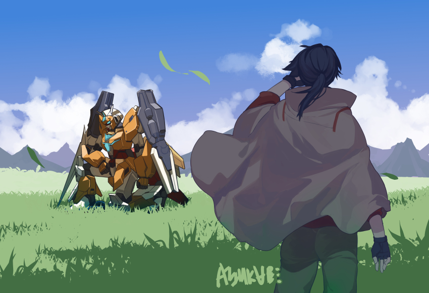 1boy, absurdres, black_hair, blue_eyes, chinese_commentary, cloak, from_behind, gundam