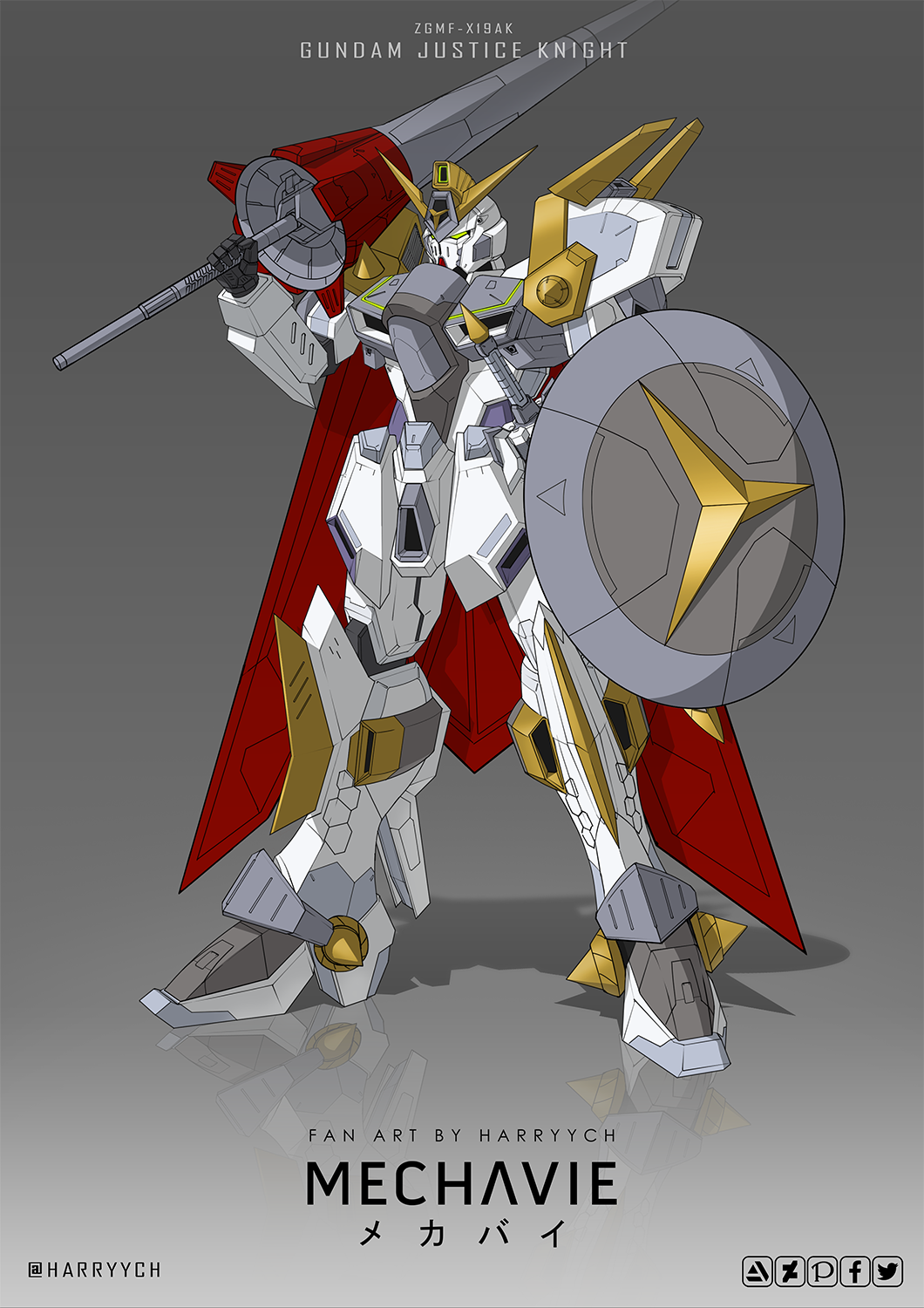 artist_name, character_name, commentary, english_commentary, green_eyes, grey_background, gundam, gundam_build_divers, gundam_build_divers_re:rise, gundam_justice_knight, harryych, highres, holding, holding_lance, holding_polearm, holding_shield, holding_weapon, holstered, lance, looking_ahead, mecha, no_humans, over_shoulder, polearm, robot, shield, solo, standing, sword, v-fin, weapon