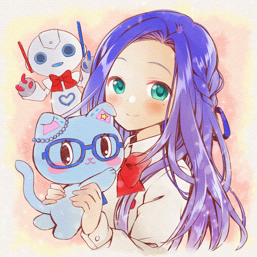 1girl, animal, blue-framed_eyewear, blue_eyes, blue_hair, blue_ribbon, bow, braid