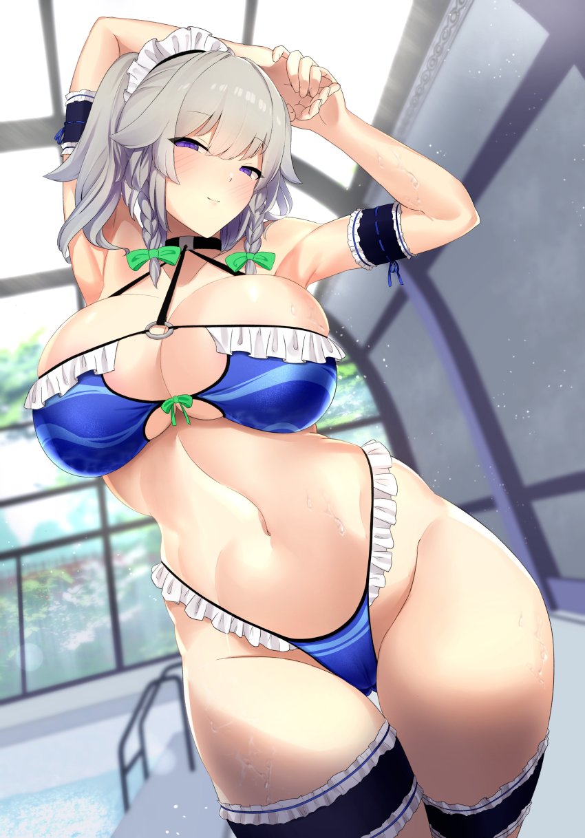 1girl, absurdres, alternate_costume, arms_up, bare_arms, bare_shoulders, bikini, black_choker