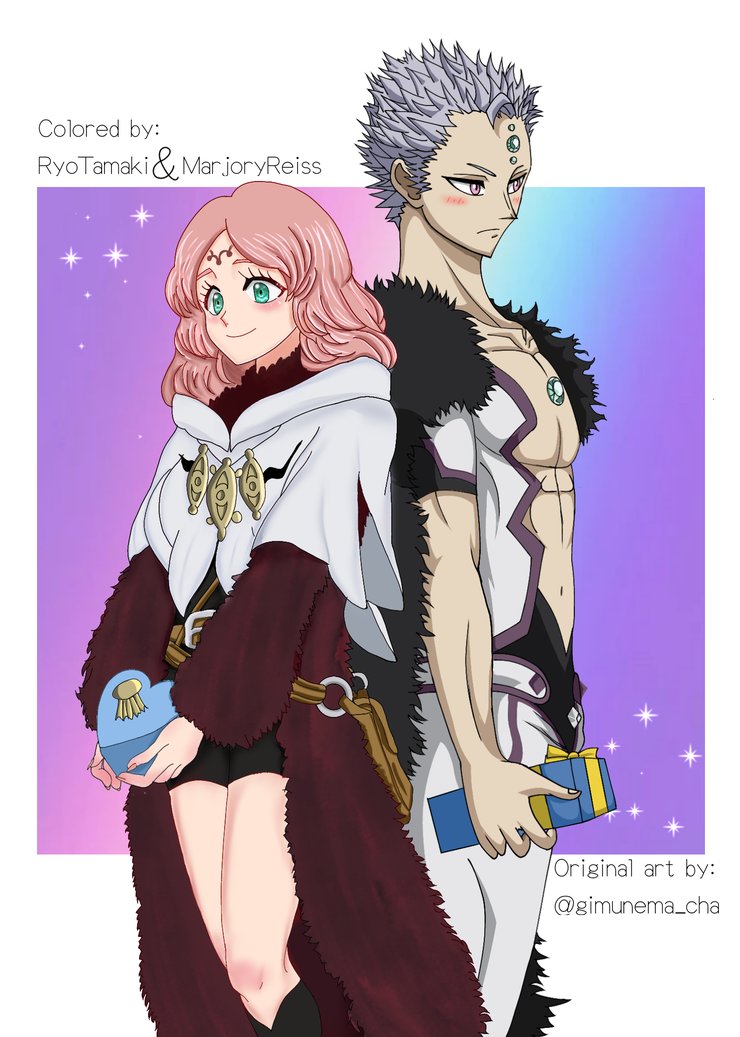 1boy, 1girl, black_clover, blush, box, coat, diamond_(gemstone), fana_(black_clover)