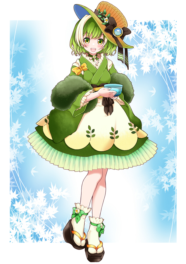 1girl, :d, black_bow, blue_background, bow, bowl, brown_headwear, dress