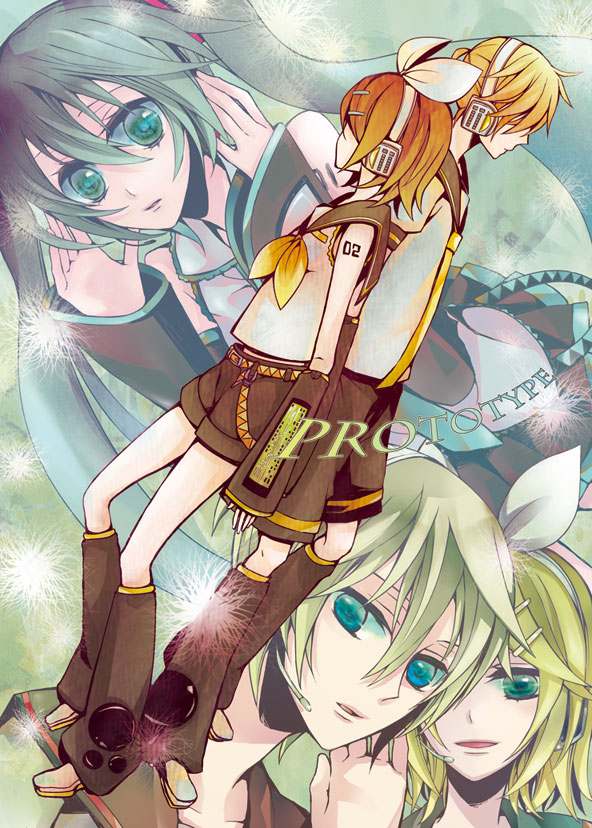 1boy, 2girls, aqua_eyes, aqua_hair, bad_id, bad_pixiv_id, blonde_hair, detached_sleeves