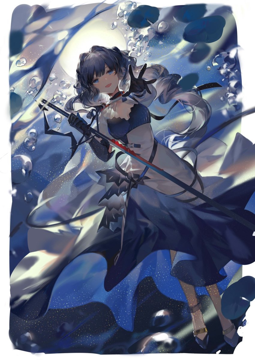 1girl, arknights, astesia_(arknights), astesia_(starseeker)_(arknights), blue_eyes, blue_hair, breasts, bubble