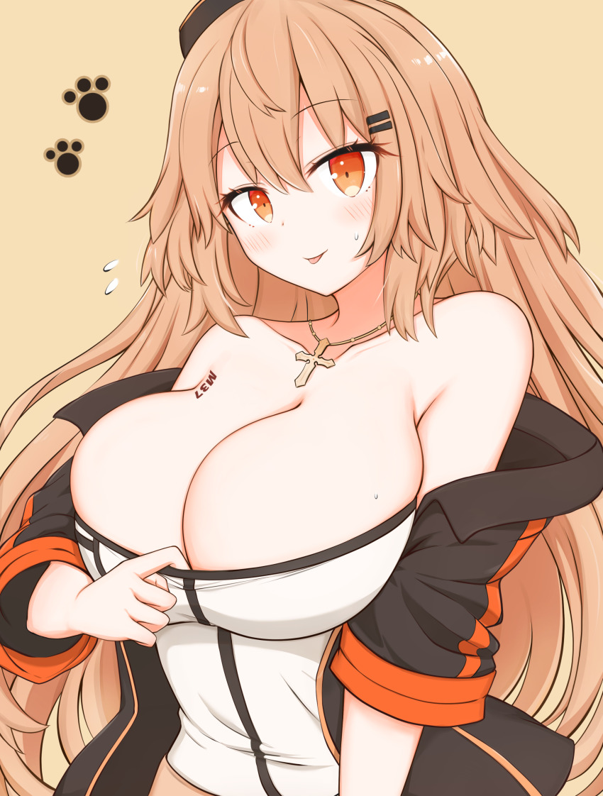 1girl, absurdres, bare_shoulders, blonde_hair, blush, breasts, character_name, cleavage