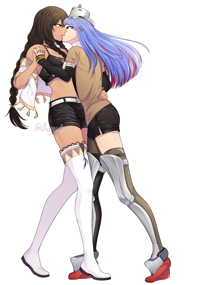 2girls, absurdres, asymmetrical_legwear, azur_lane, belt, black_gloves, black_hair, black_legwear