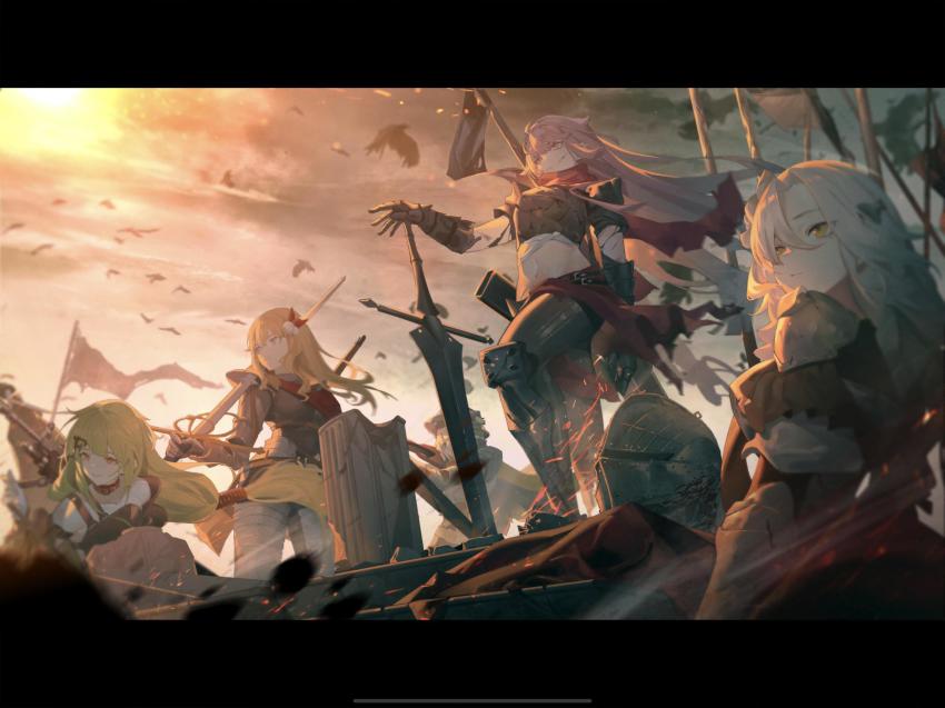 5girls, abs, alternate_costume, anti-materiel_rifle, armor, assault_rifle, aug_(girls'_frontline), aug_(requiem_array)_(girls'_frontline)