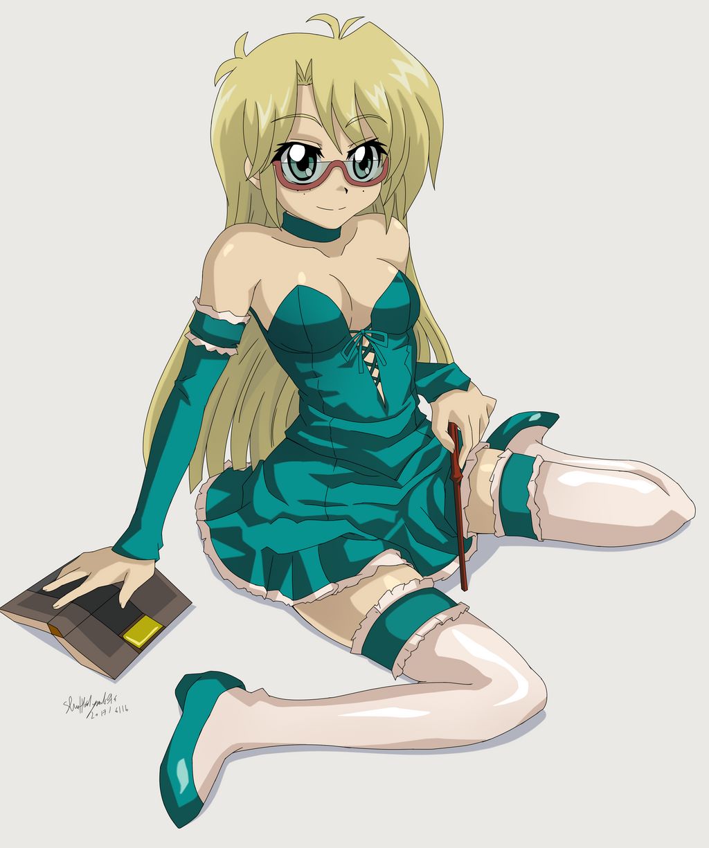 1girl, blonde_hair, female_focus, glasses, highres, long_hair, rebecca_hopkins, shuffledyandere, simple_background, solo, thighhighs, white_background, yu-gi-oh!