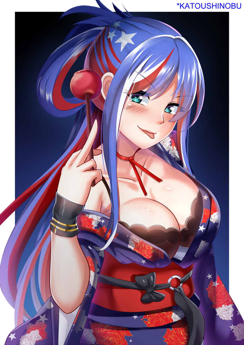 absurdres, american_flag, blue_hair, blunt_bangs, bra, breasts, candy_apple, clothes_lift