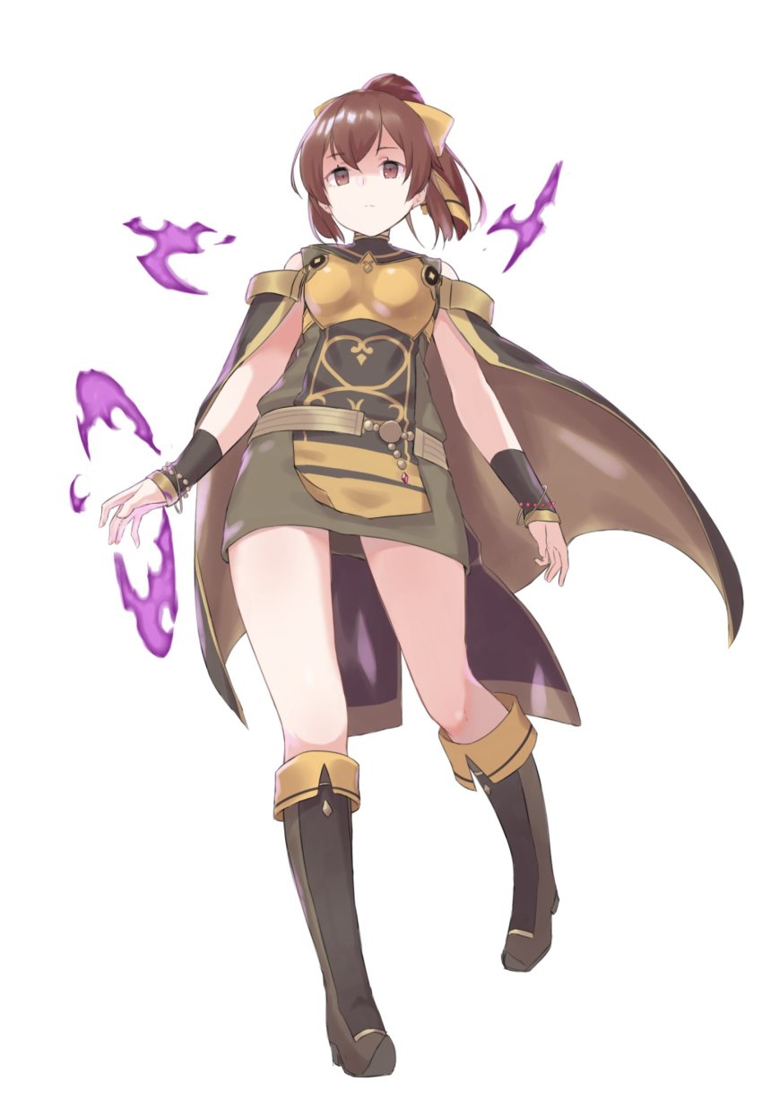 1girl, armor, boots, breastplate, brown_eyes, brown_hair, cape, closed_mouth, corruption, dark_persona, delthea_(fire_emblem), delthea_(tatarrah's_puppet)_(fire_emblem), dress, fire_emblem, fire_emblem_echoes:_shadows_of_valentia, full_body, highres, long_hair, nintendo, ponytail, ruis_bacon, short_dress, simple_background, solo, white_background