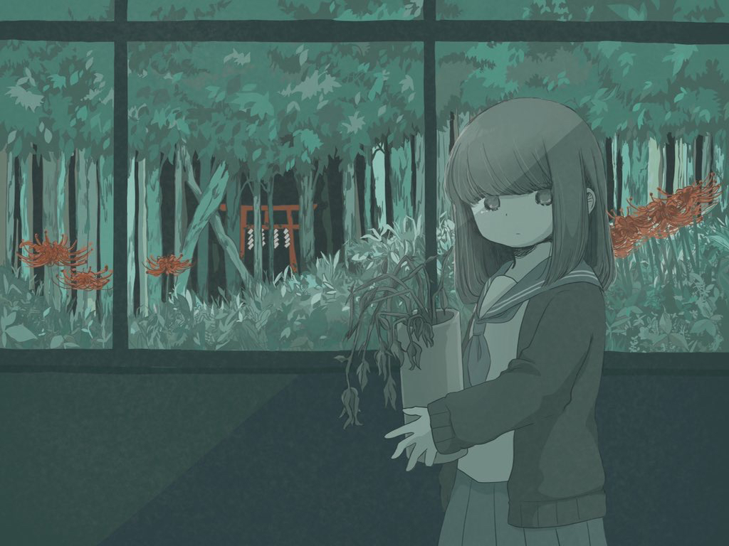 1girl, awaya_yawako, commentary_request, dot_nose, flower, flower_pot, forest, from_side, green_theme, greyscale, indoors, jacket, long_hair, long_sleeves, monochrome, nature, neckerchief, open_clothes, open_jacket, original, pleated_skirt, red_flower, sad, school_uniform, serafuku, shirt, skirt, solo, spider_lily, spot_color, tears, torii, tree, wilted_flower, window