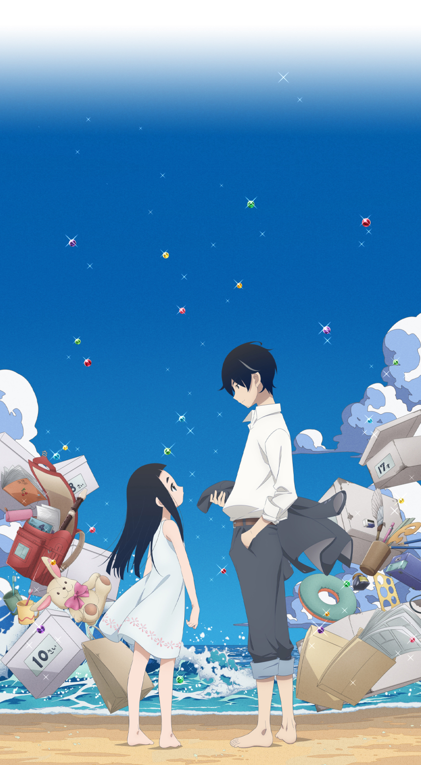 1boy, 1girl, arms_at_sides, backpack, bag, bare_arms, bare_legs, bare_shoulders