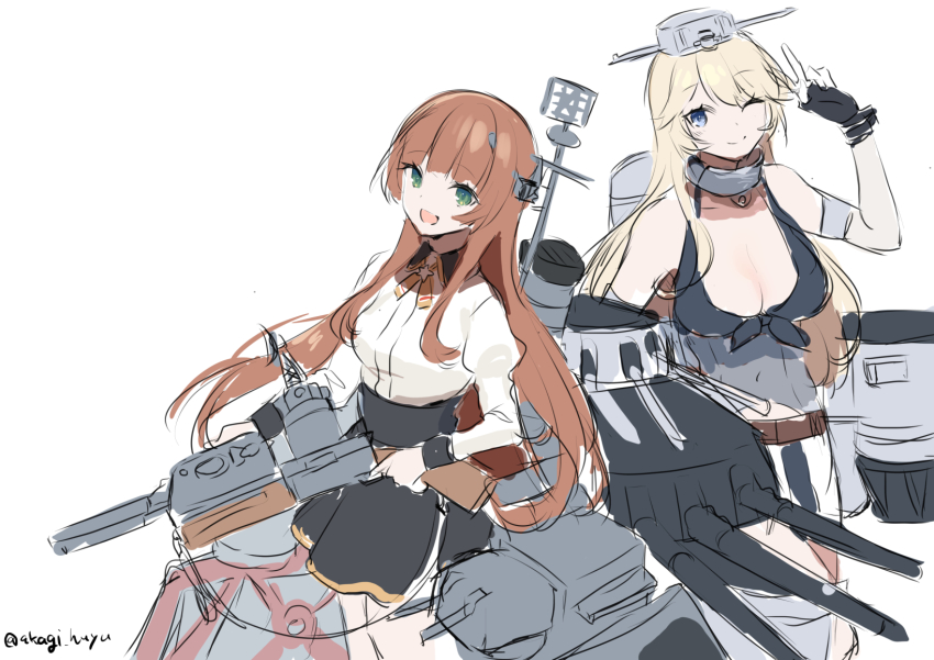 16-inch/50-caliber_mark_7_gun, 2girls, adapted_turret, akagi_kurage, artillery, black_skirt, blonde_hair, blue_eyes