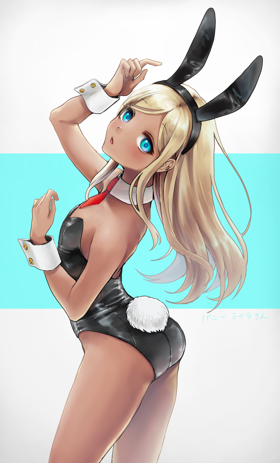 1girl, animal_ears, ass, bare_shoulders, black_hairband, black_leotard, blonde_hair, blue_eyes, dark-skinned_female, dark_skin, detached_collar, facing_away, fake_animal_ears, flat_chest, hairband, highres, idolmaster, idolmaster_cinderella_girls, layla_(idolmaster), leotard, long_hair, looking_at_viewer, minazukio9, necktie, open_mouth, parted_bangs, playboy_bunny, rabbit_ears, rabbit_tail, red_necktie, short_necktie, solo, straight_hair, strapless, strapless_leotard, tail, wrist_cuffs