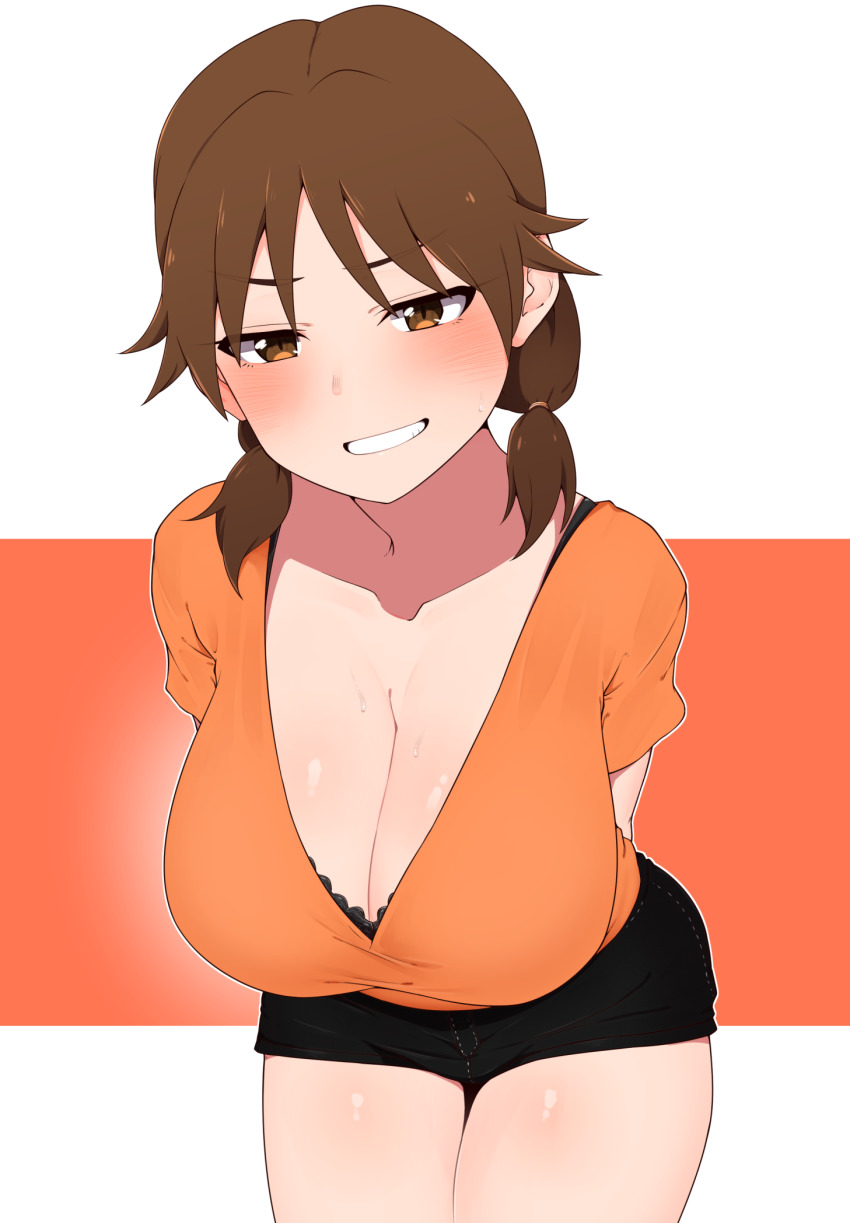 1girl, arms_behind_back, black_shorts, blush, breasts, brown_eyes, brown_hair, cleavage, collarbone, commentary_request, cowboy_shot, grin, hair_tie, highres, idolmaster, idolmaster_cinderella_girls, katagiri_sanae, large_breasts, leaning_forward, looking_at_viewer, low_twintails, medium_hair, minakamirin, orange_shirt, red_background, shirt, short_shorts, short_sleeves, short_twintails, shorts, smile, solo, twintails, two-tone_background, v-neck, white_background