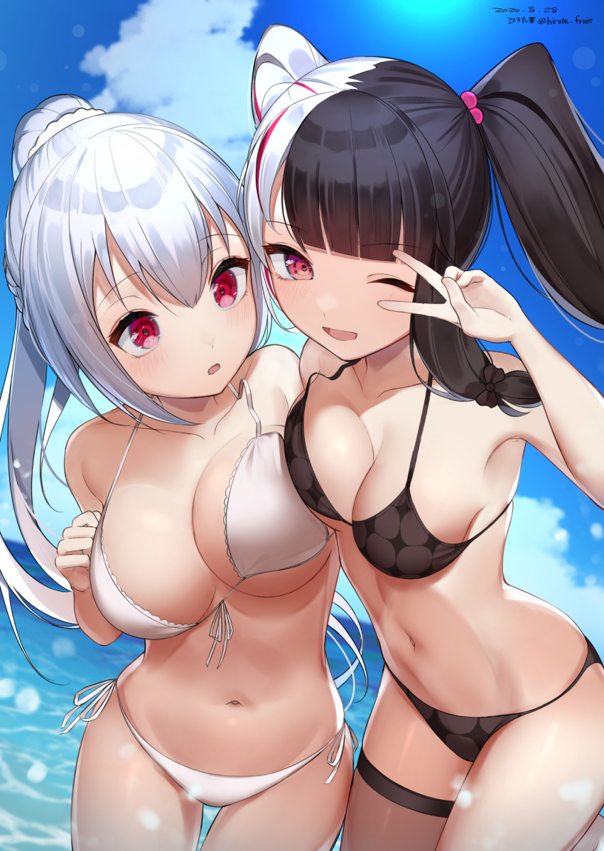 2girls, :o, ;d, arm_up, armpits, asymmetrical_docking, bare_arms, bare_shoulders