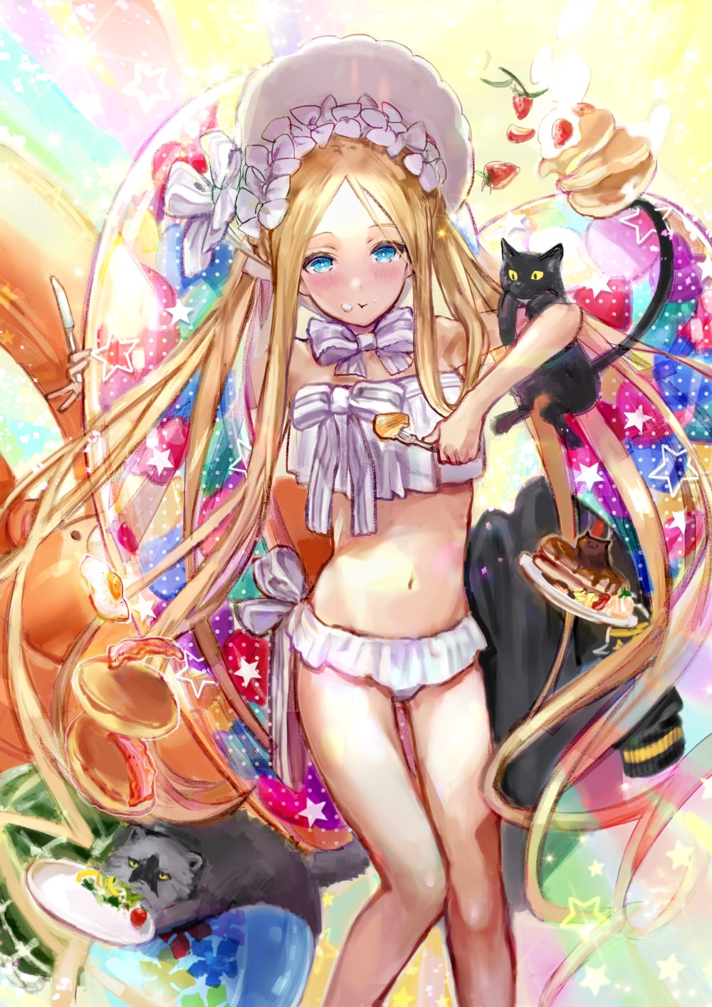 1girl, abigail_williams_(fate), abigail_williams_(swimsuit_foreigner)_(fate), abigail_williams_(swimsuit_foreigner)_(third_ascension)_(fate), bacon, bare_shoulders, bikini, black_cat