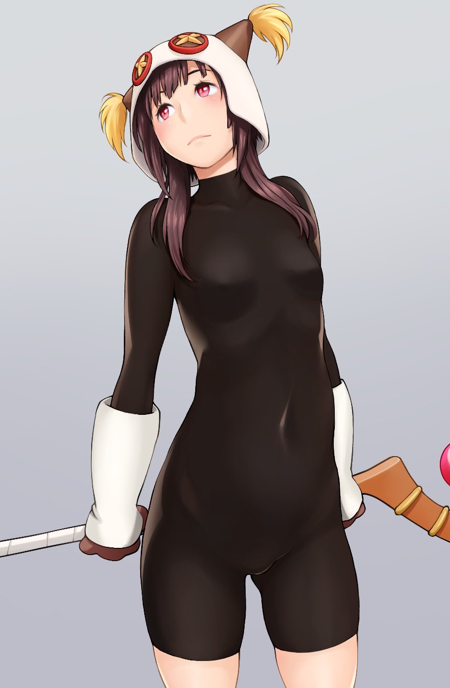 1girl, alternate_costume, black_bodysuit, blush, bodysuit, breasts, brown_hair, cameltoe, choten, closed_mouth, collarbone, commentary_request, covered_erect_nipples, covered_navel, cowboy_shot, frown, gloves, grey_background, hat, highres, holding, holding_staff, kono_subarashii_sekai_ni_shukufuku_wo!, long_hair, looking_up, medium_breasts, megumin, red_eyes, simple_background, skin_tight, skindentation, solo, staff, weapon, white_gloves, white_hat