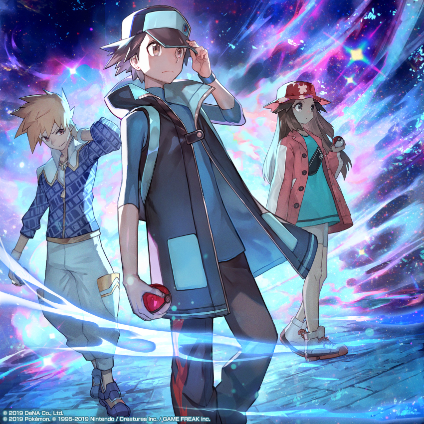 1girl, 2boys, alternate_color, baseball_cap, blue_oak, blue_oak_(sygna_suit), brown_eyes, brown_hair