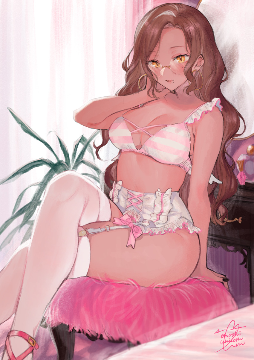 1girl, absurdres, arm_support, armpit_crease, bare_arms, black_nails, blush, bottle