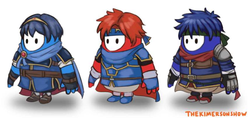 3others, artist_name, black_eyes, blue_hair, commentary, cosplay, crossover, english_commentary, fall_guy, fall_guys, fire_emblem, fire_emblem:_mystery_of_the_emblem, fire_emblem:_path_of_radiance, fire_emblem:_the_binding_blade, highres, ike_(fire_emblem), ike_(fire_emblem)_(cosplay), kimerson, marth_(fire_emblem), marth_(fire_emblem)_(cosplay), multiple_others, nintendo, no_humans, red_hair, roy_(fire_emblem), roy_(fire_emblem)_(cosplay), standing, white_background
