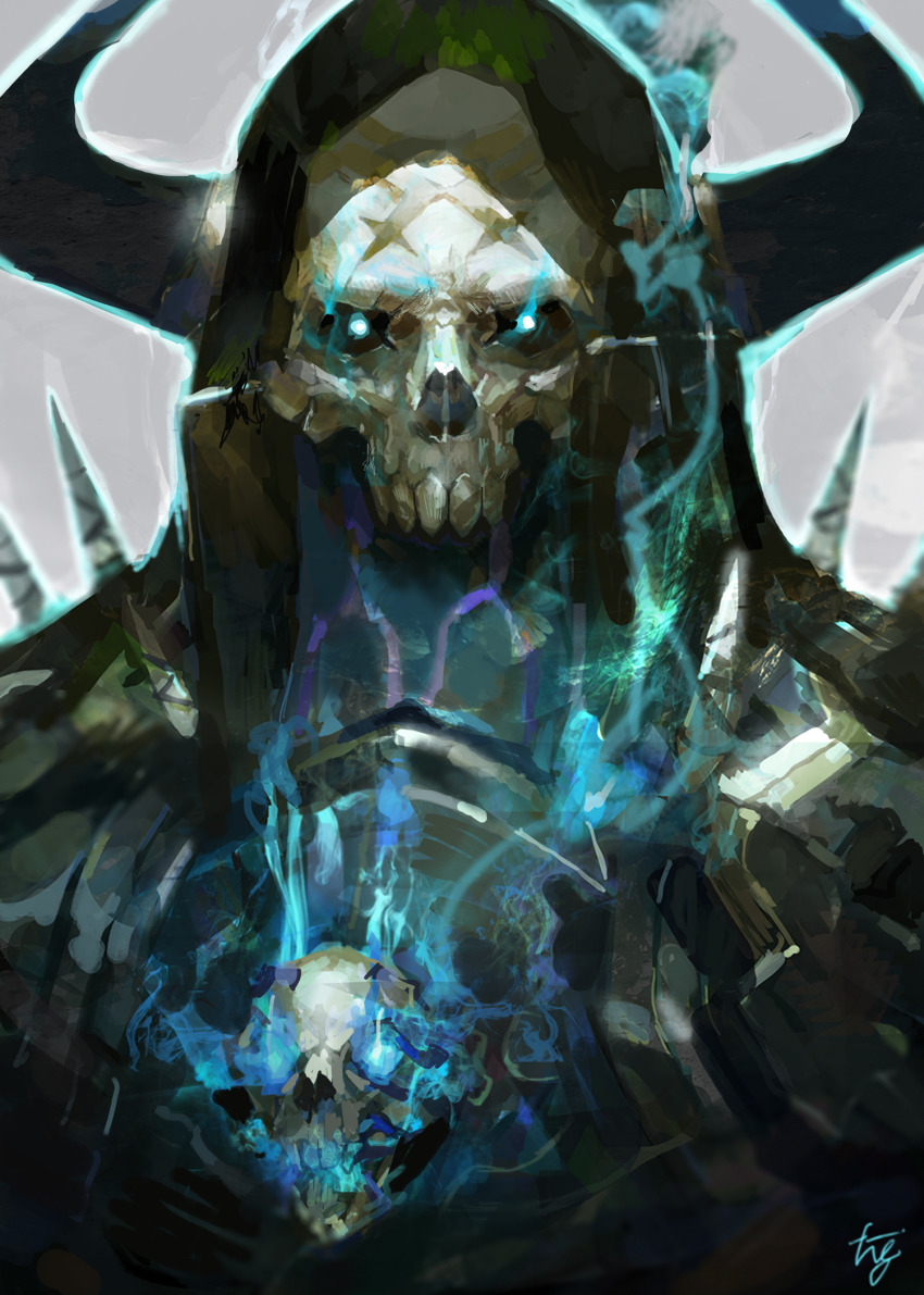 1boy, armor, black_armor, black_horns, blue_eyes, blue_fire, burning, fate/grand_order