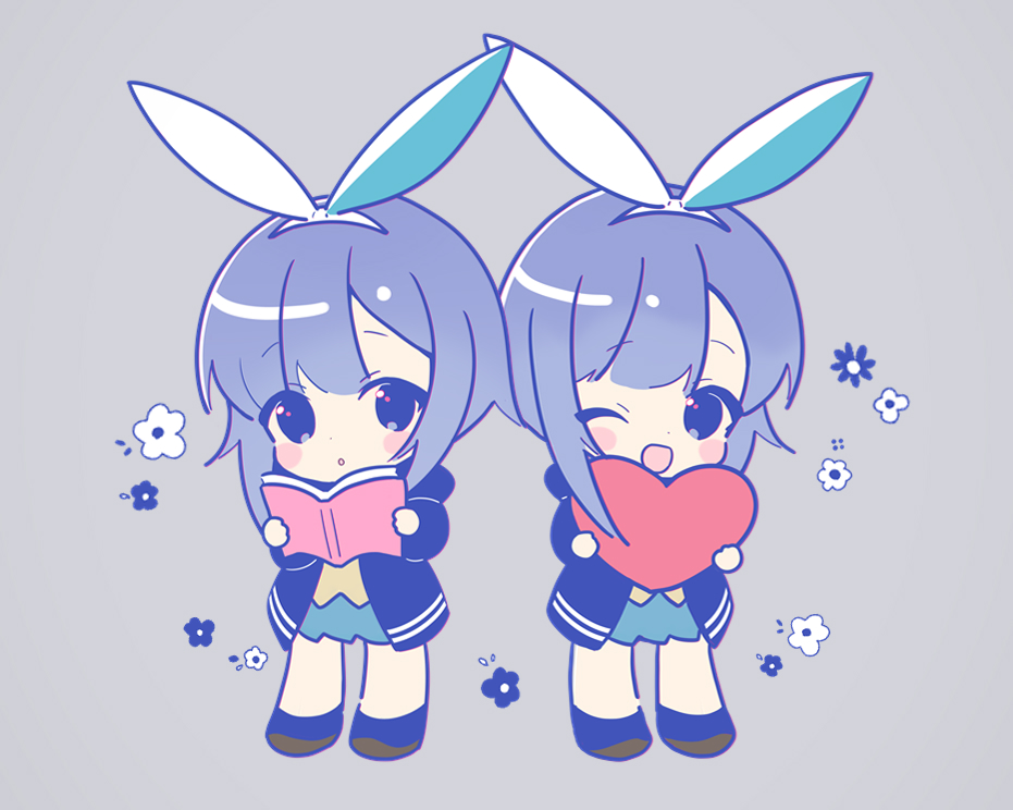 2girls, :o, ;d, black_eyes, black_jacket, black_legwear, blue_skirt, blush_stickers