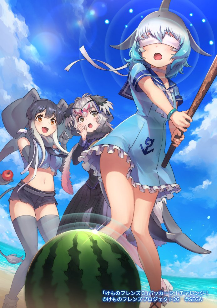3girls, african_elephant_(kemono_friends), animal_ears, apple, aqua_hair, bare_legs, bird_girl, bird_wings