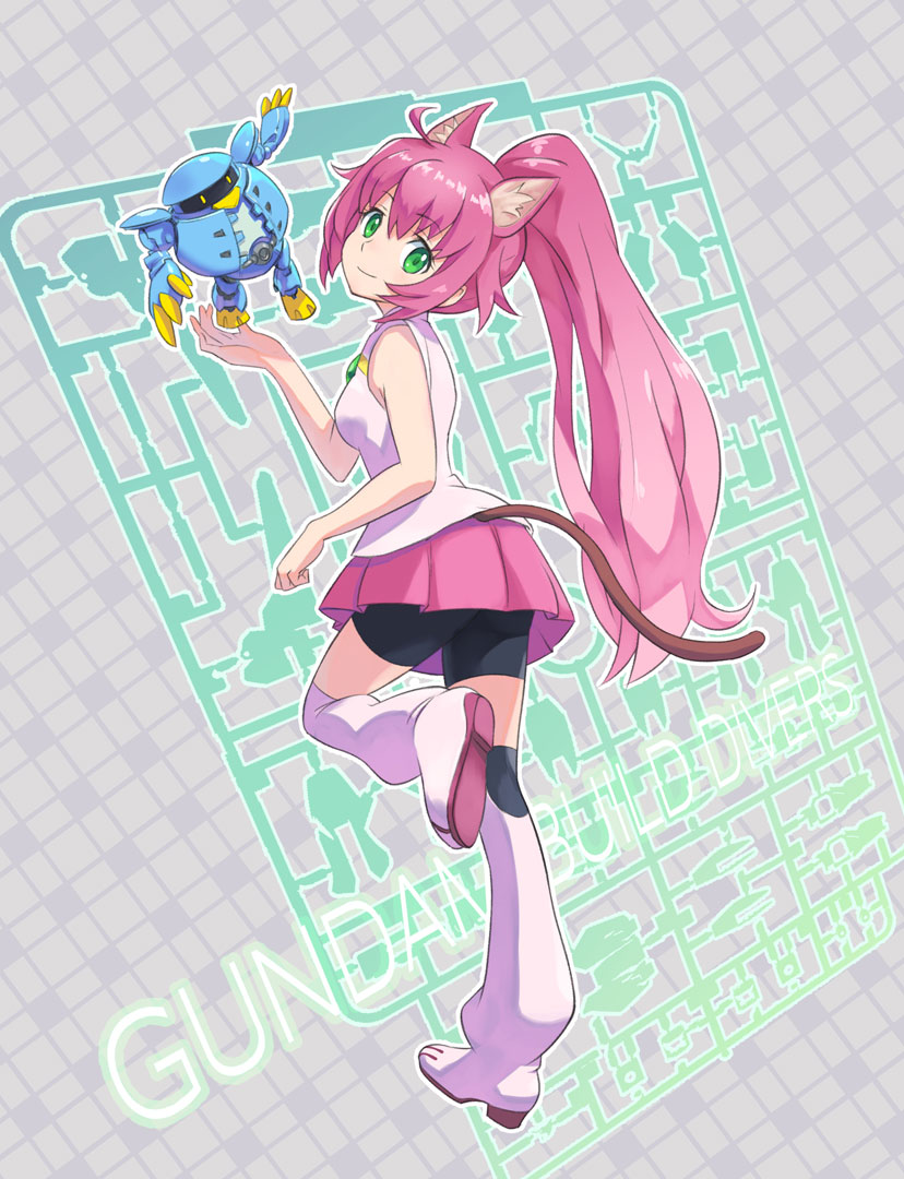 1girl, 1other, ahoge, animal_ear_fluff, animal_ears, arm_up, bike_shorts, black_shorts, boots, cat_ears, cat_girl, cat_tail, commentary_request, copyright_name, from_behind, green_eyes, gundam, gundam_build_divers, kaineri, leg_up, long_hair, looking_back, miniskirt, momo_(gundam_build_divers), momokapool, pink_hair, ponytail, red_skirt, robot, shirt, shorts, shorts_under_skirt, skirt, sleeveless, sleeveless_shirt, smile, standing, standing_on_one_leg, tail, thigh_boots, thighhighs, white_footwear, white_shirt, white_thighhighs, yashiro_momoka