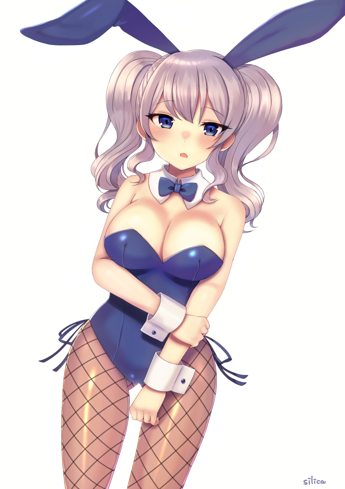 1girl, alternate_costume, animal_ears, blue_eyes, blue_leotard, bow, bowtie, breasts, detached_collar, fake_animal_ears, fishnet_pantyhose, fishnets, kantai_collection, kashima_(kancolle), large_breasts, leotard, pantyhose, playboy_bunny, rabbit_ears, side-tie_leotard, sidelocks, silica_(silica_silylate), silver_hair, simple_background, solo, standing, strapless, strapless_leotard, twintails, wavy_hair, white_background, wrist_cuffs