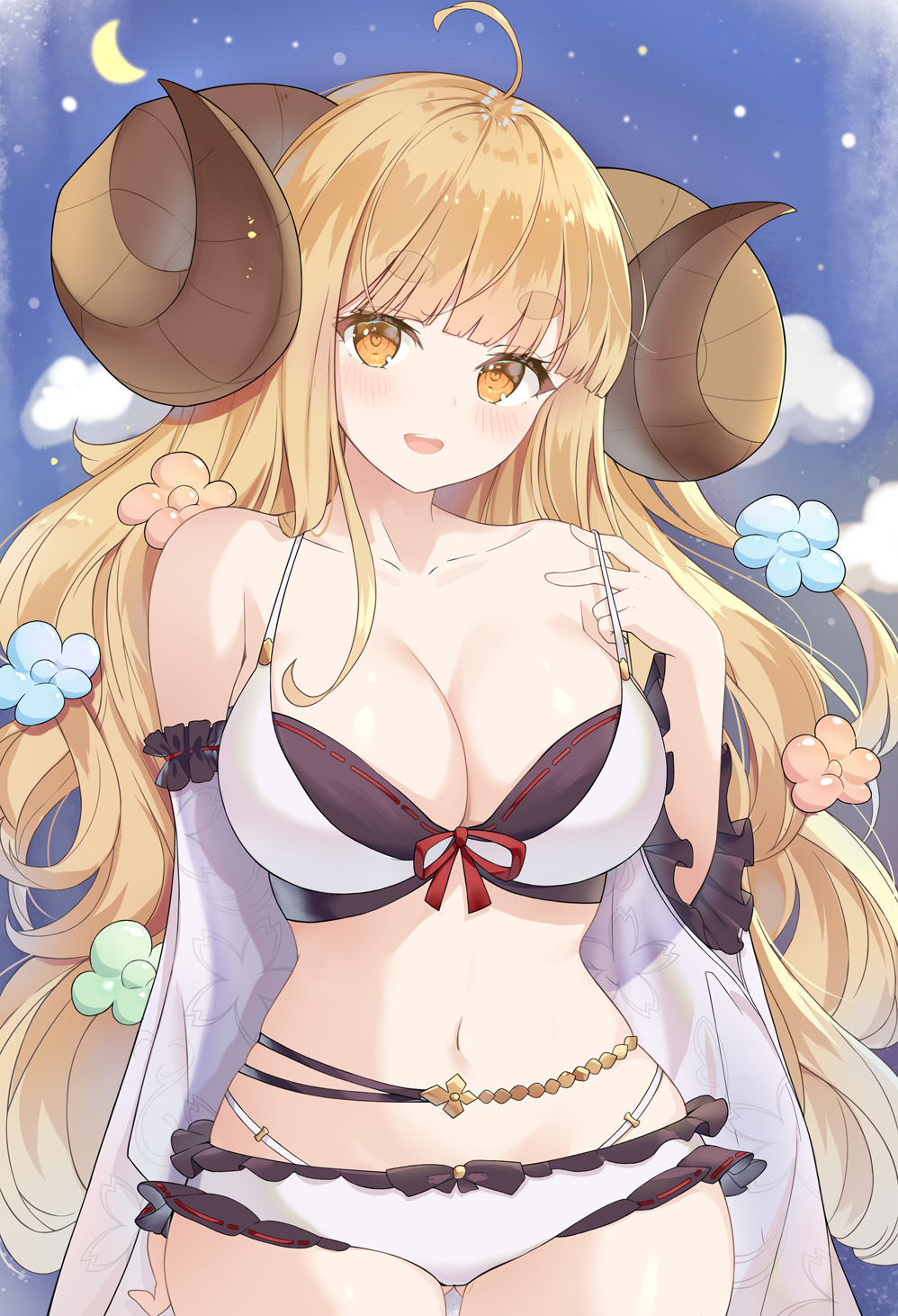1girl, ahoge, anila_(granblue_fantasy), anila_(summer)_(granblue_fantasy), bikini, blonde_hair, blunt_bangs, blush