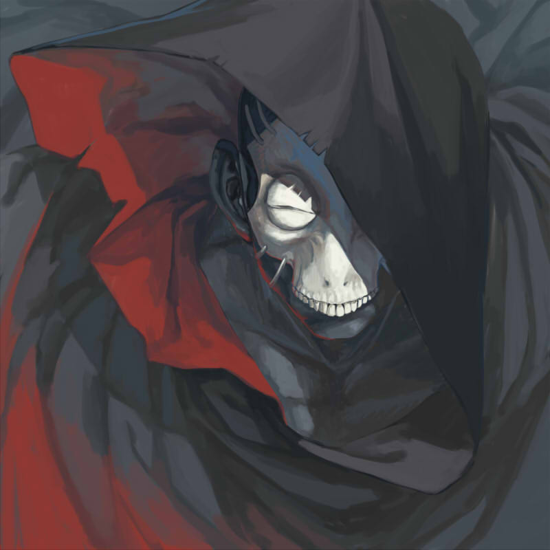 1boy, black_cloak, black_skin, cloak, colored_skin, dark_skin, fate/grand_order, fate/stay_night, fate_(series), hassan_of_the_cursed_arm_(fate), hood, hooded_cloak, looking_at_viewer, male_focus, mask, misamisa21, skull, skull_mask, solo, upper_body