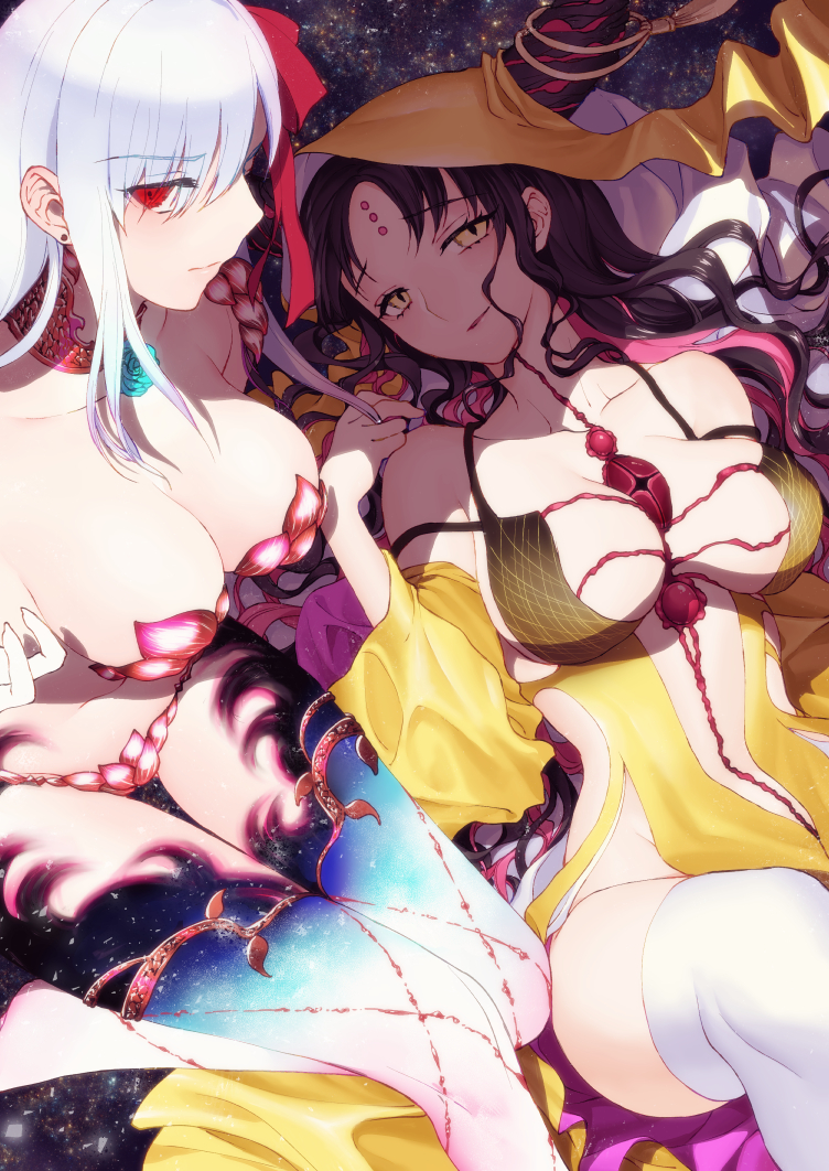 2girls, black_hair, breasts, choker, cleavage, collarbone, commentary_request, earrings