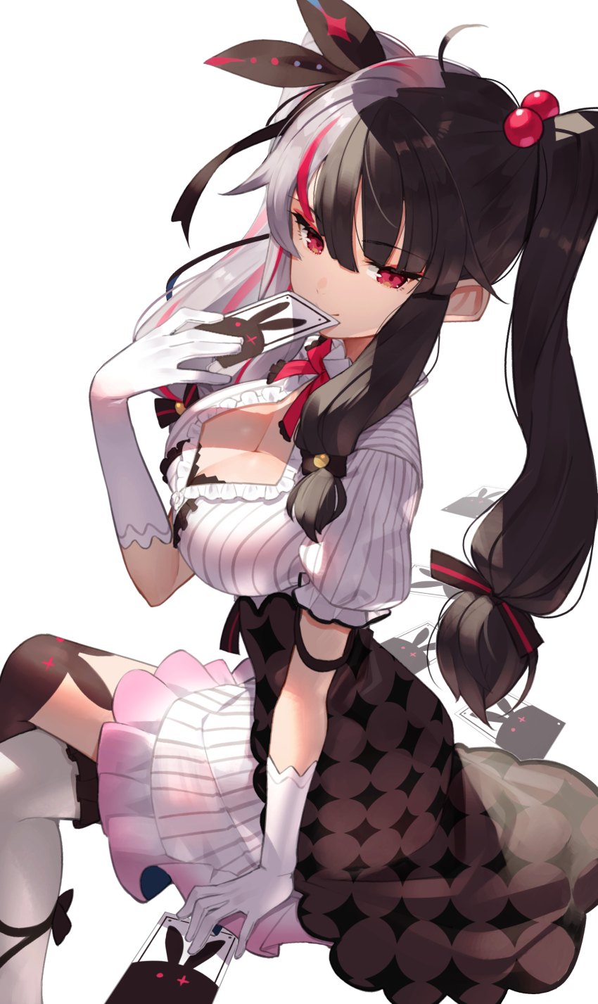1girl, absurdres, ahoge, black_hair, blush, bow, breasts, card