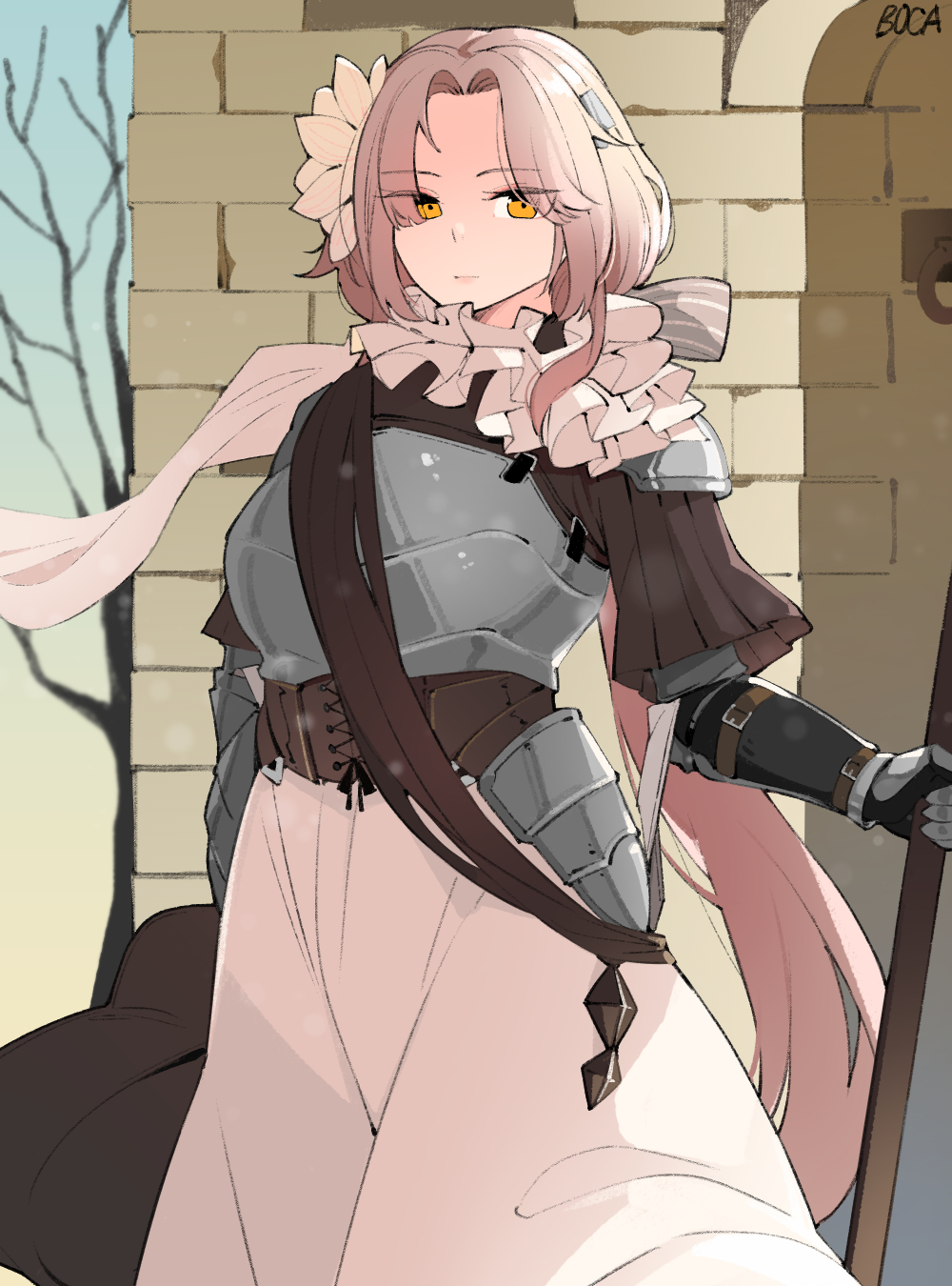 1girl, armor, aug_(girls'_frontline), aug_(requiem_array)_(girls'_frontline), boca, breastplate, corset, expressionless, eyes_visible_through_hair, flower, frills, gauntlets, girls'_frontline, grey_hair, hair_flower, hair_ornament, highres, korean_commentary, long_hair, long_skirt, looking_at_viewer, official_alternate_costume, outdoors, parted_bangs, skirt, solo, very_long_hair, white_skirt, yellow_eyes