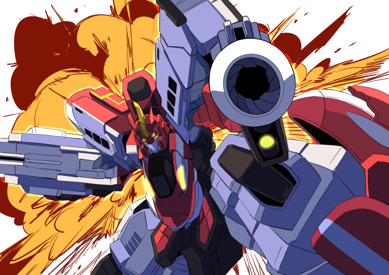 aiming, aiming_at_viewer, e6_komachi_(shinkalion), explosion, glowing, glowing_eyes, gun, holding