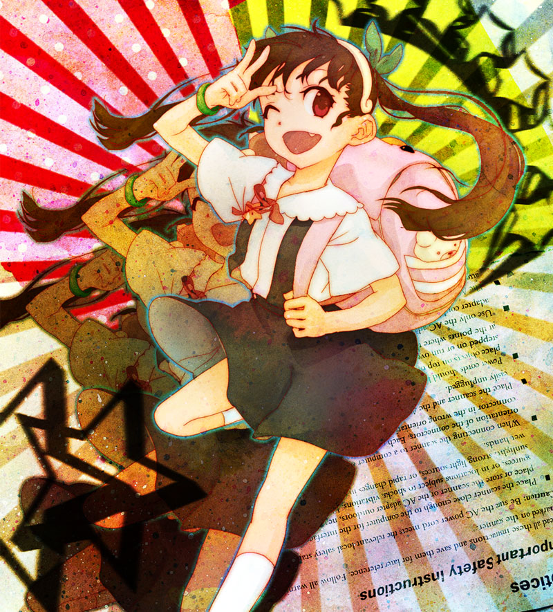 00s, 1girl, 720_(pixiv75383), 830_(hamio), backpack, bad_id, bad_pixiv_id, bag, bakemonogatari, bracelet, brown_hair, child, fang, female_focus, hachikuji_mayoi, jewelry, kneehighs, long_hair, monogatari_(series), one_eye_closed, randoseru, red_eyes, ribbon, skirt, socks, solo, twintails, white_socks, wink